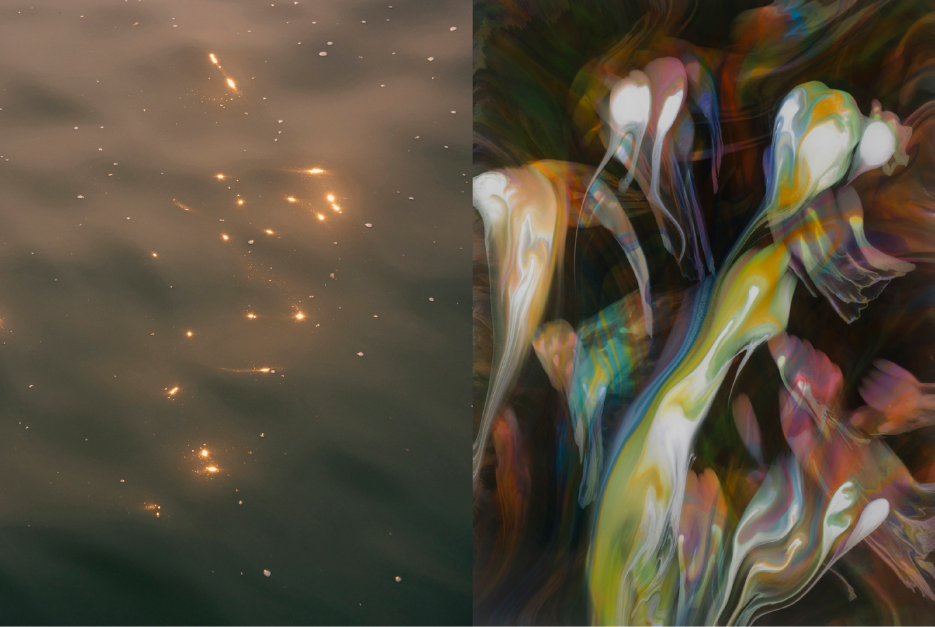 (Gauche) Clara Lacasse, Summer Ambre (Like A Blaze In The Northern Sky), 2024 (Droite) François Lacasse, Grande échappée XII, acrylique et encre sur toile, 2020